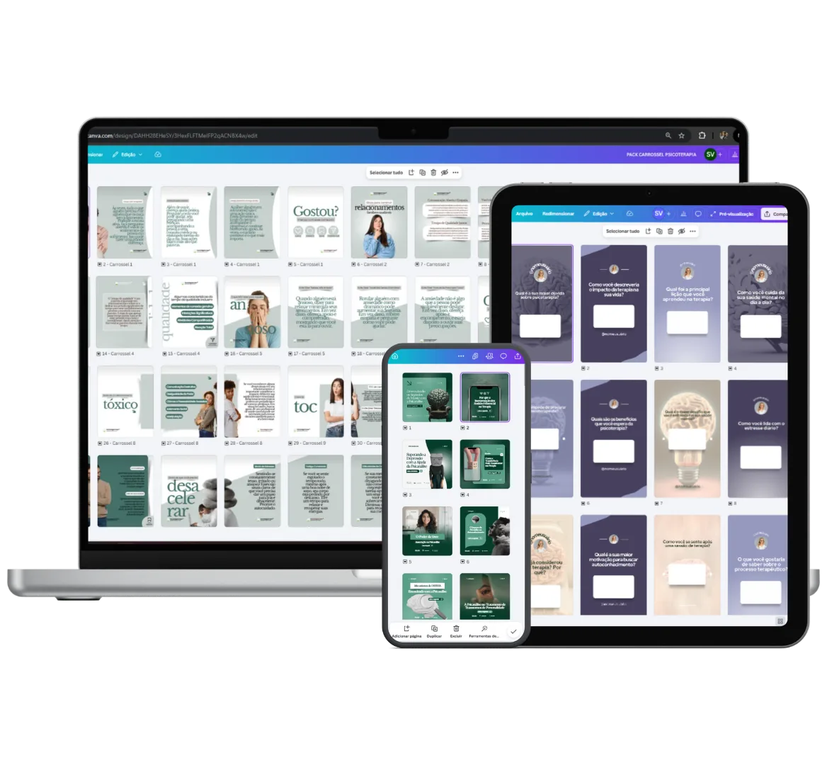 Mockup com notebook, tablet e celular exibindo templates do Canva do THE PACK